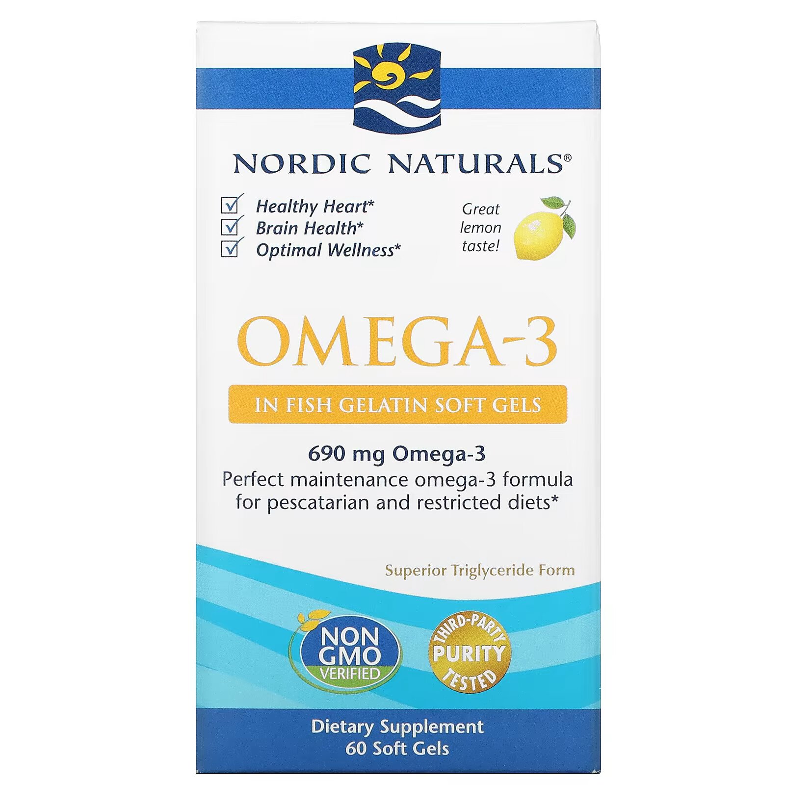 Nordic Naturals, омега-3, с лимонным вкусом, 345 мг, 60 капсул - фото