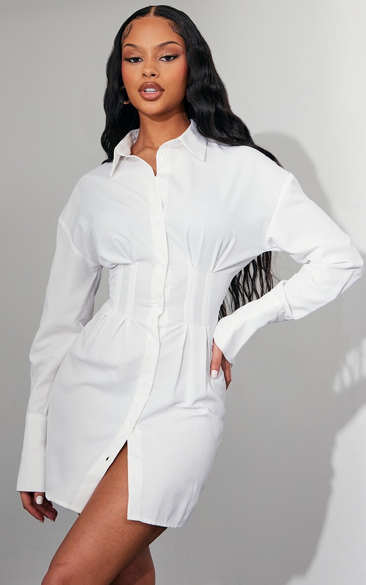 

PrettyLittleThing Белое платье-рубашка с корсетом на талии