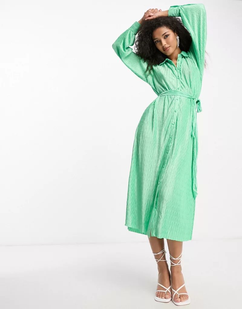 Зеленое плиссированное платье-рубашка миди Y.A.S