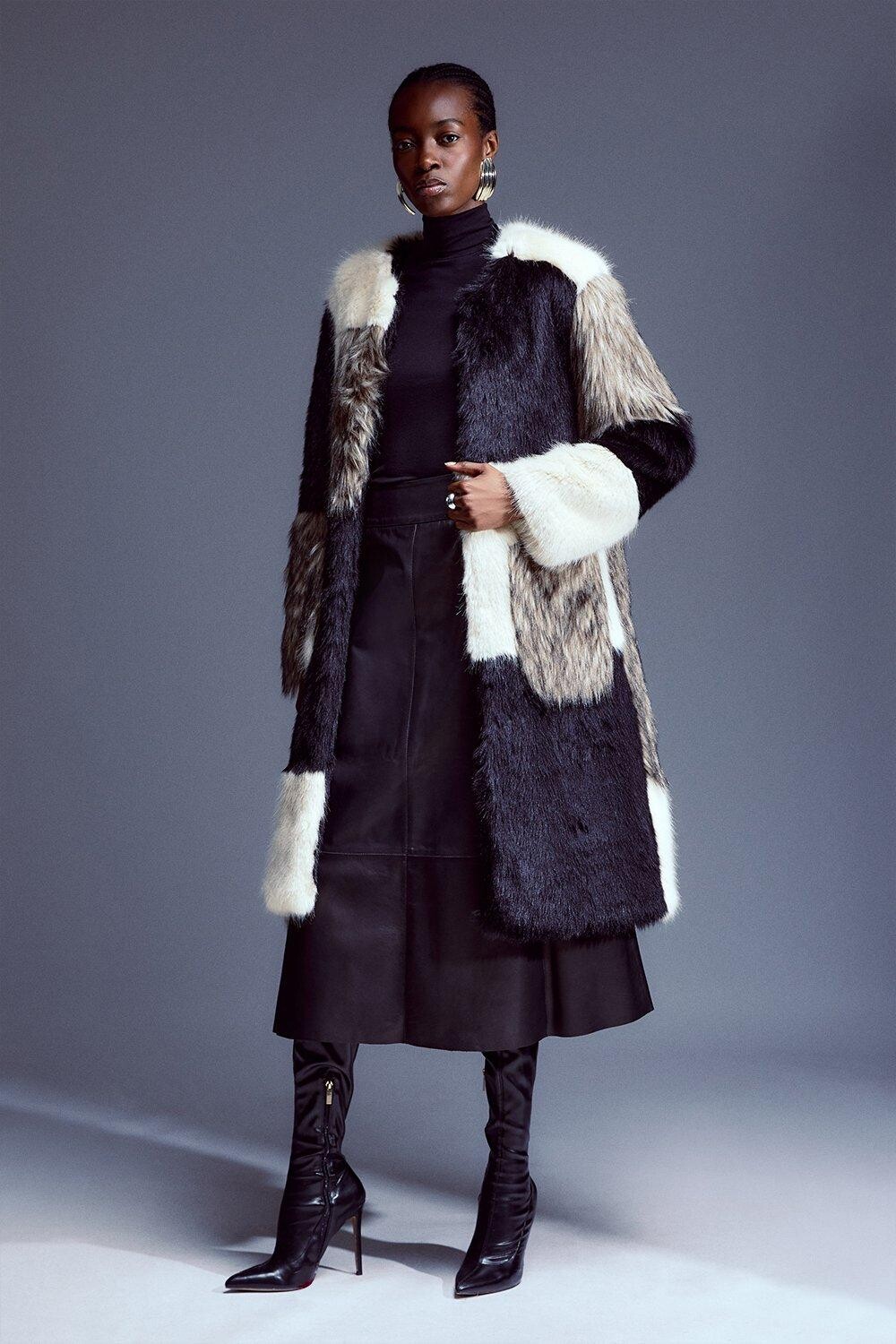 

Контрастное пальто Petite из искусственного меха в стиле пэчворк Karen Millen, мультиколор