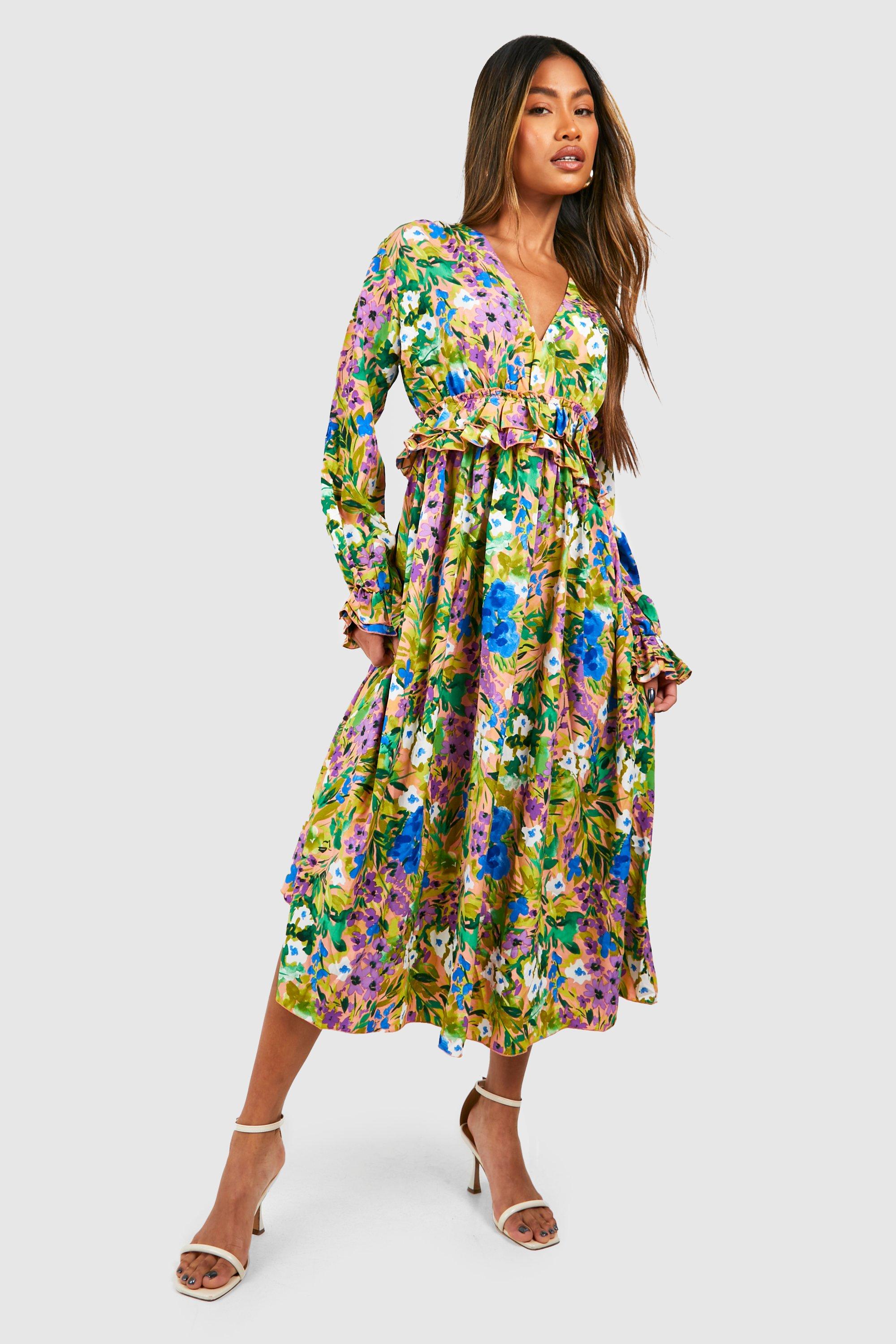 Платье миди с цветочными плавающими рюшами Boohoo, разноцветный