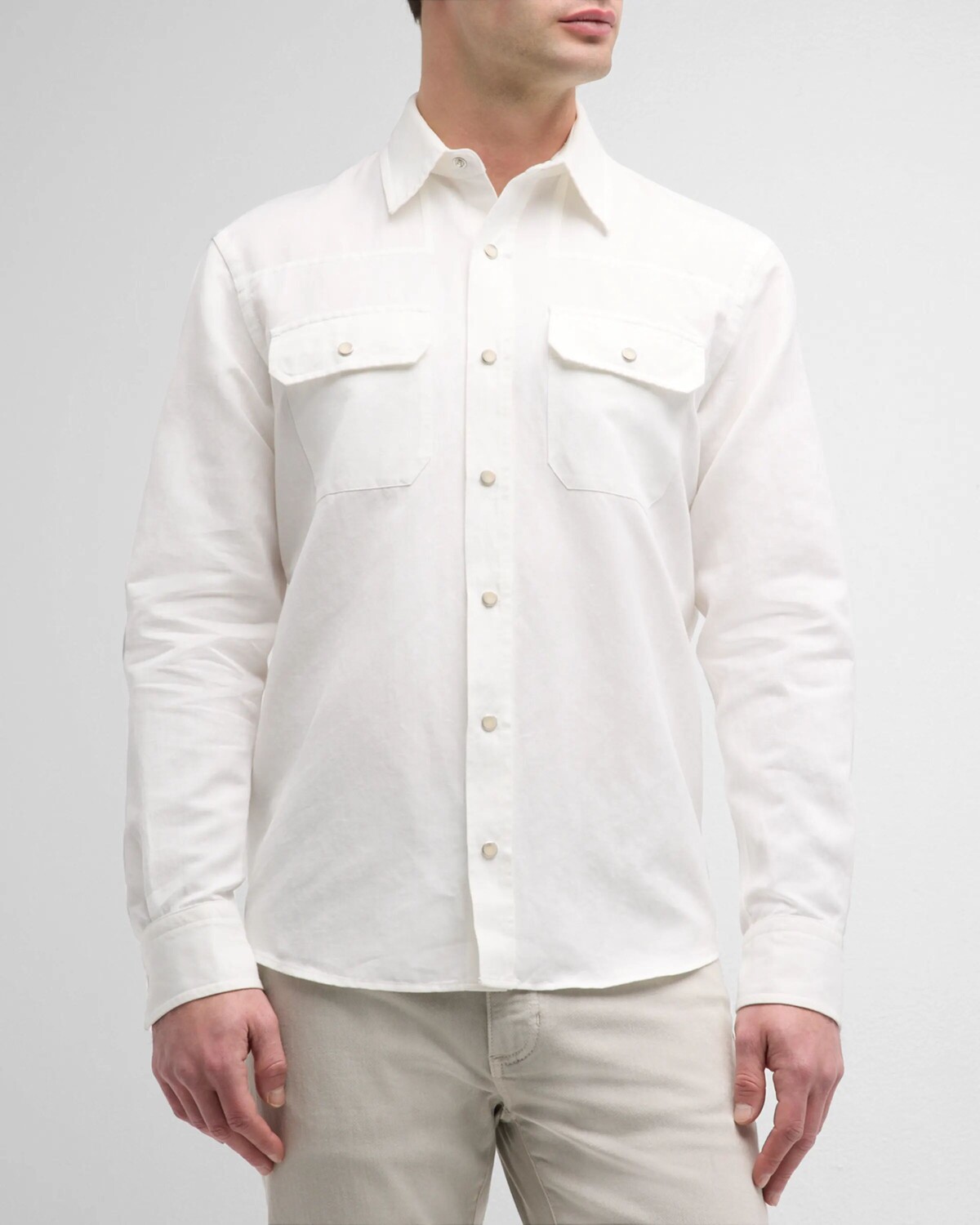 

Мужская рубашка на пуговицах в стиле вестерн из хлопка и льна ZEGNA, цвет White Solid