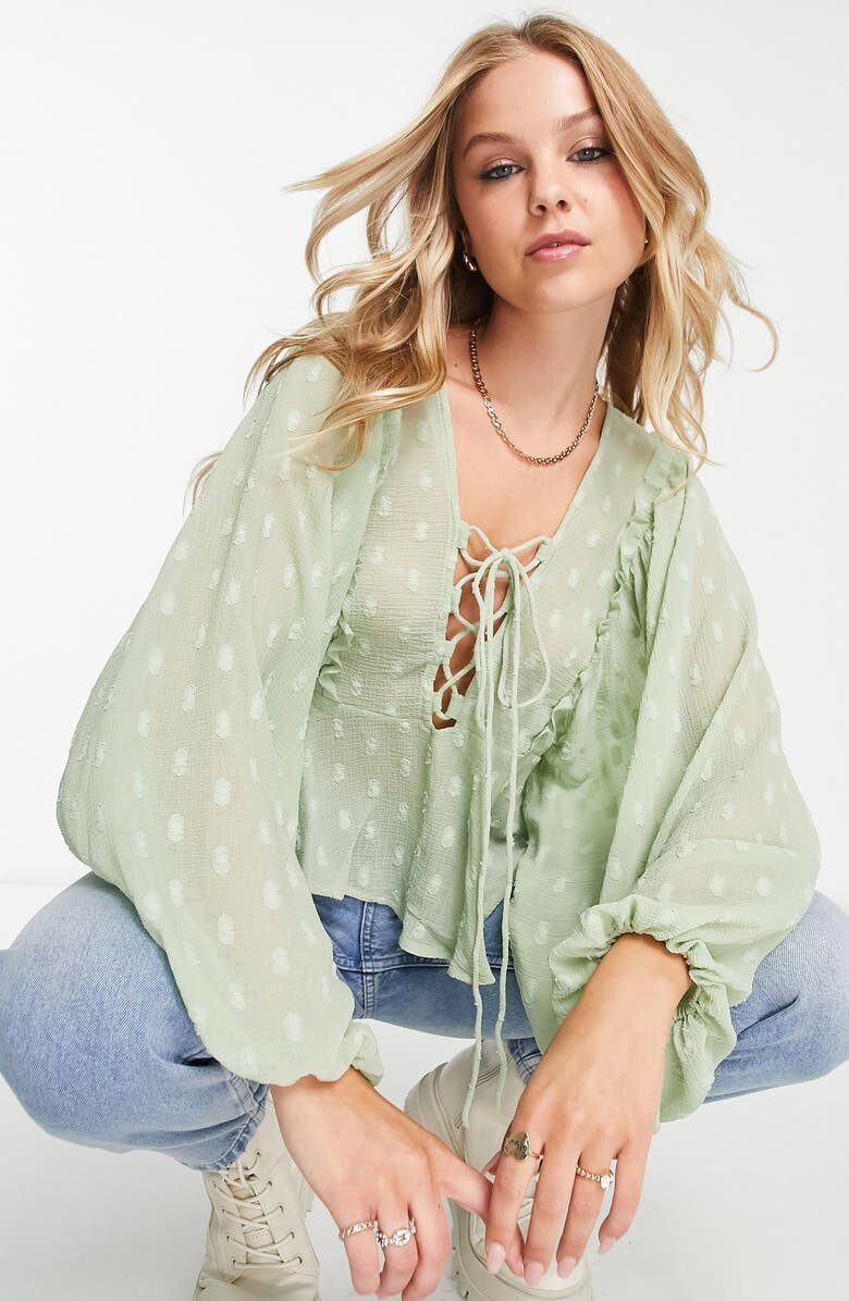 

Топ добби с баской и длинными рукавами ASOS DESIGN, светло-зеленый