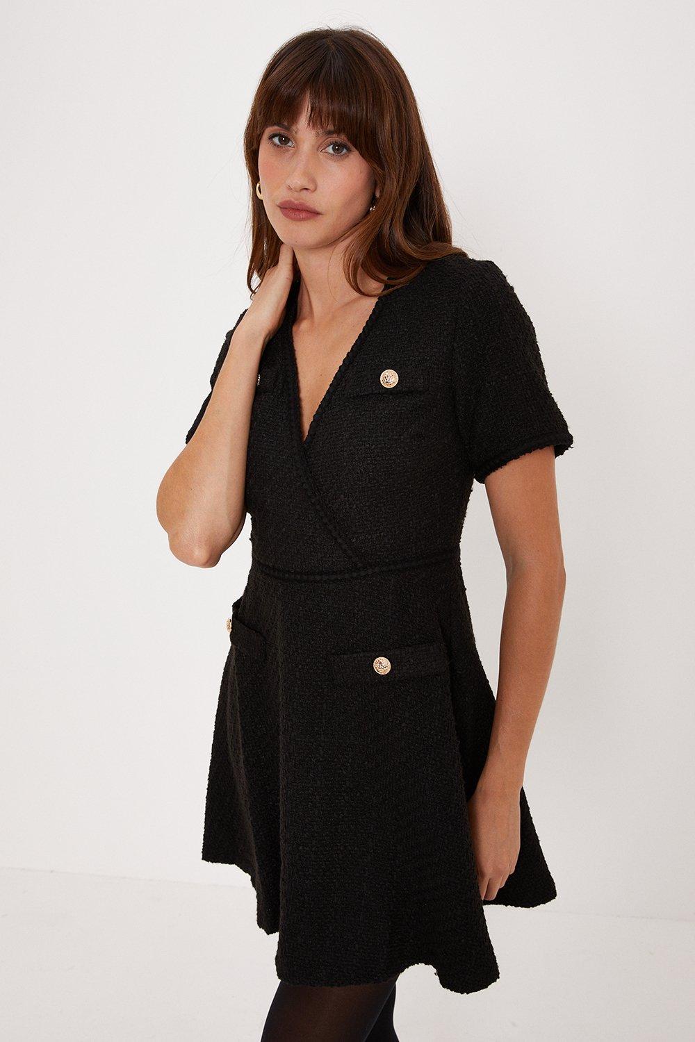 Твидовое мини-платье с запахом и карманами Oasis, черный цена и фото