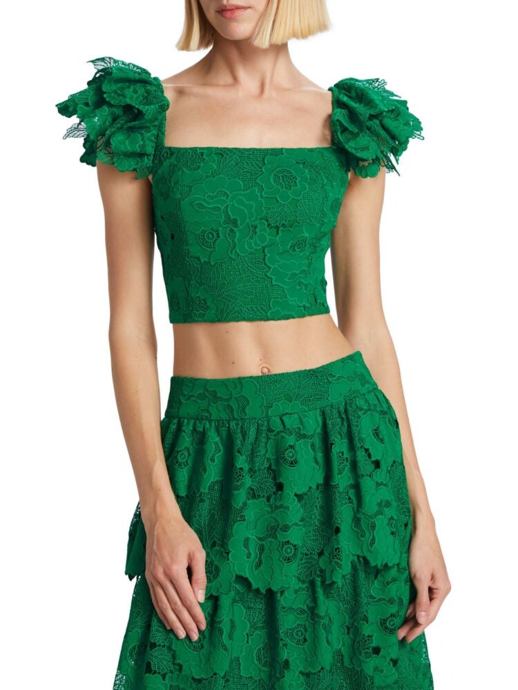 

Укороченный кружевной топ Tawny с рюшами Alice + Olivia, цвет Deep Sage