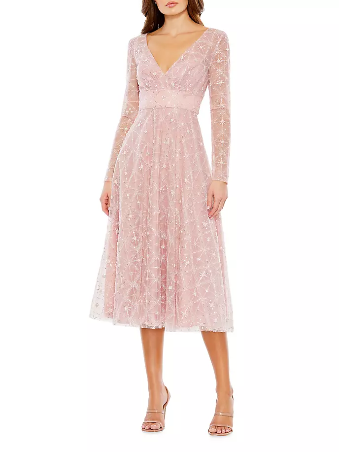 Украшенное сетчатое платье-миди Mac Duggal, цвет rose
