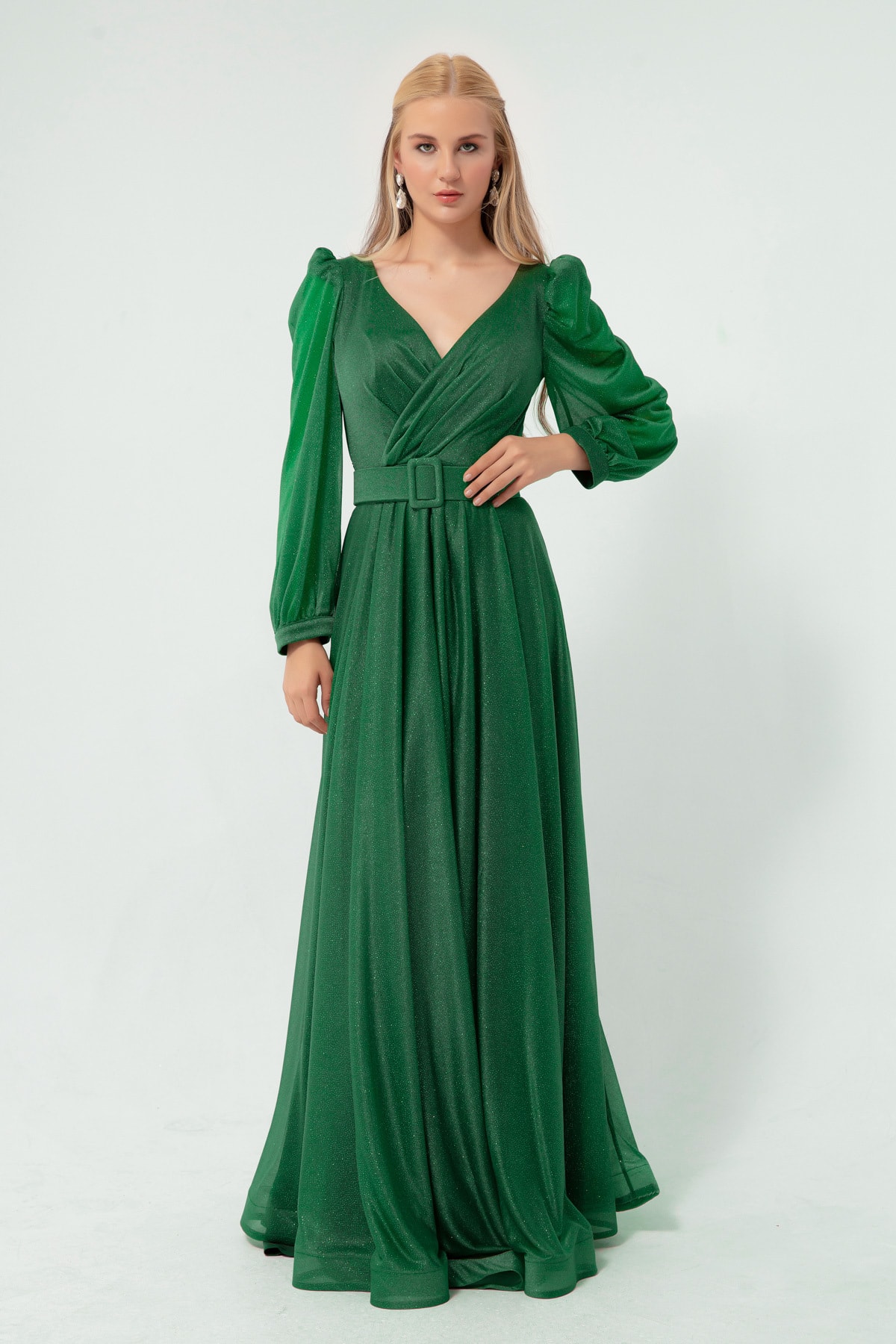 Женское изумрудно-зеленое двубортное серебристое длинное вечернее платье с воротником-стойкой Lafaba, зеленый