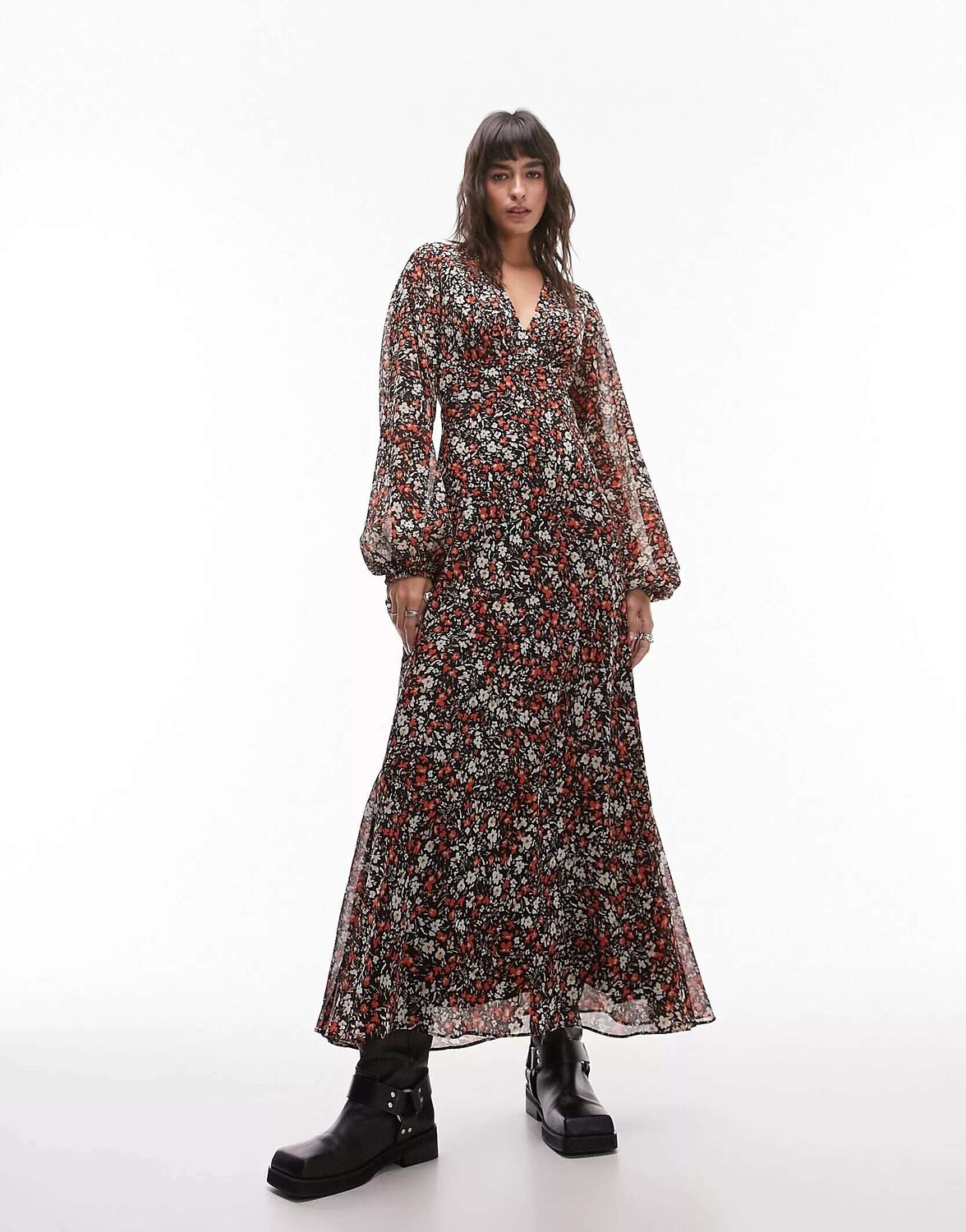 

Чайное платье миди с длинными рукавами Topshop