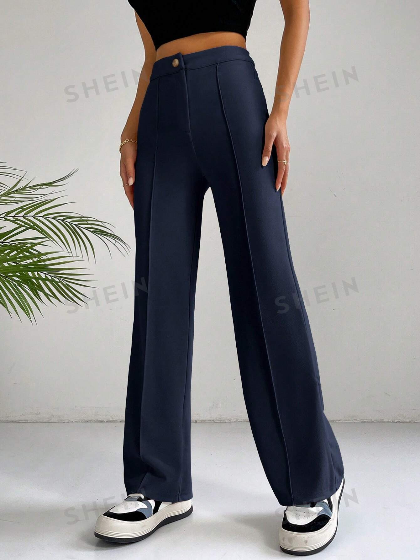 цена SHEIN EZwear Однотонные широкие брюки для повседневной, темно-синий