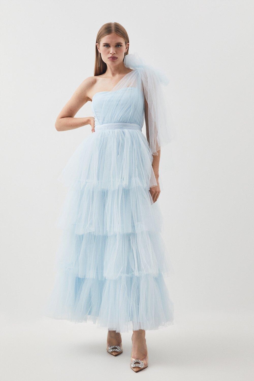 

Тканое платье миди на одно плечо из тюля Karen Millen, синий