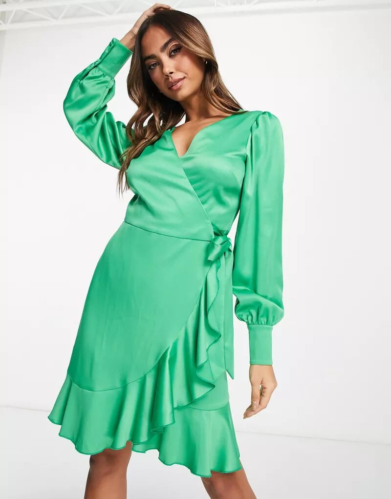 Ярко-зеленое короткое атласное платье с запахом Style Cheat