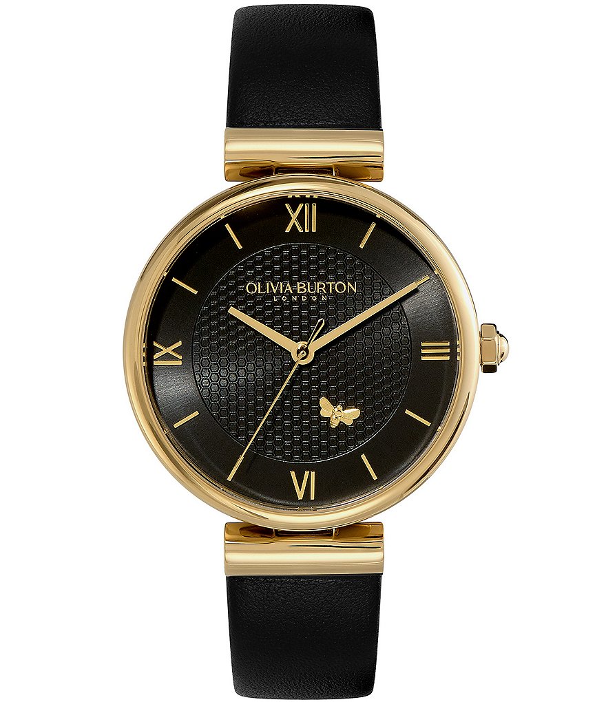 цена Женские часы Olivia Burton Minima Bee T-Bar с золотым и черным кожаным ремешком, черный