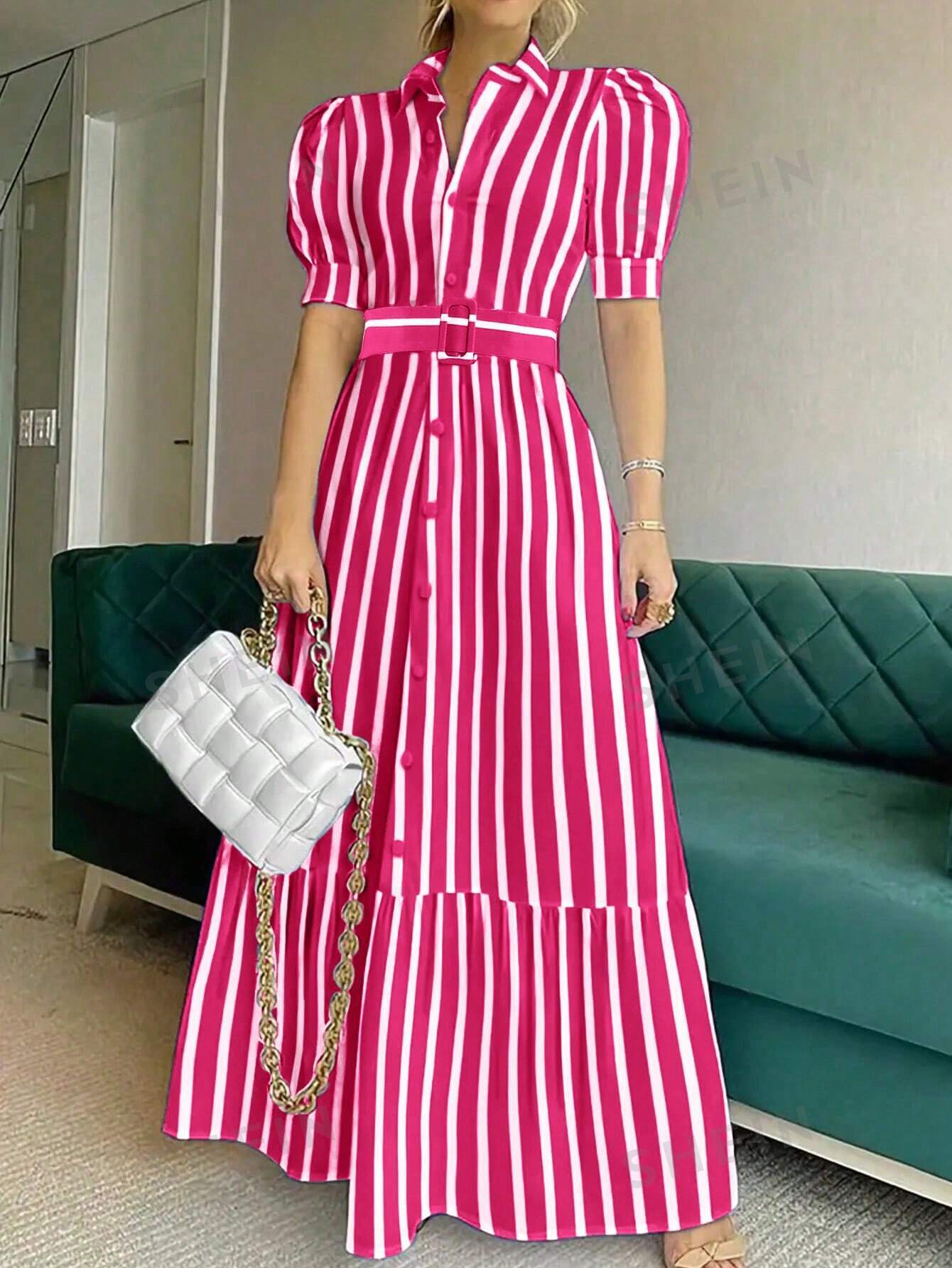 SHEIN Privé Платье-рубашка в полоску с объемными рукавами и поясом, ярко-розовый