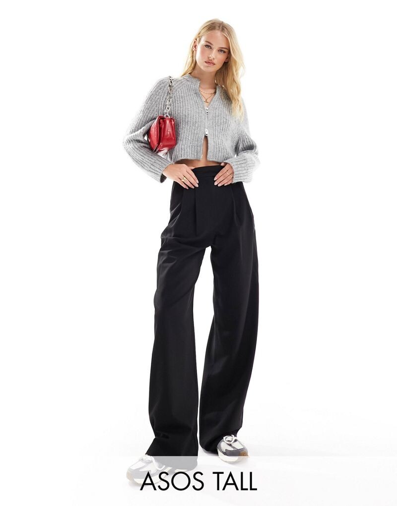 

Черные широкие брюки прямого кроя со складками ASOS DESIGN Tall