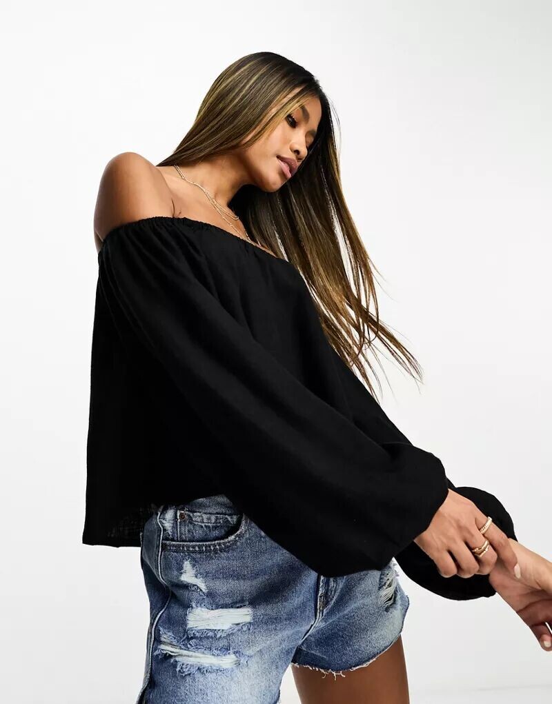 

Черный льняной топ с открытыми плечами ASOS