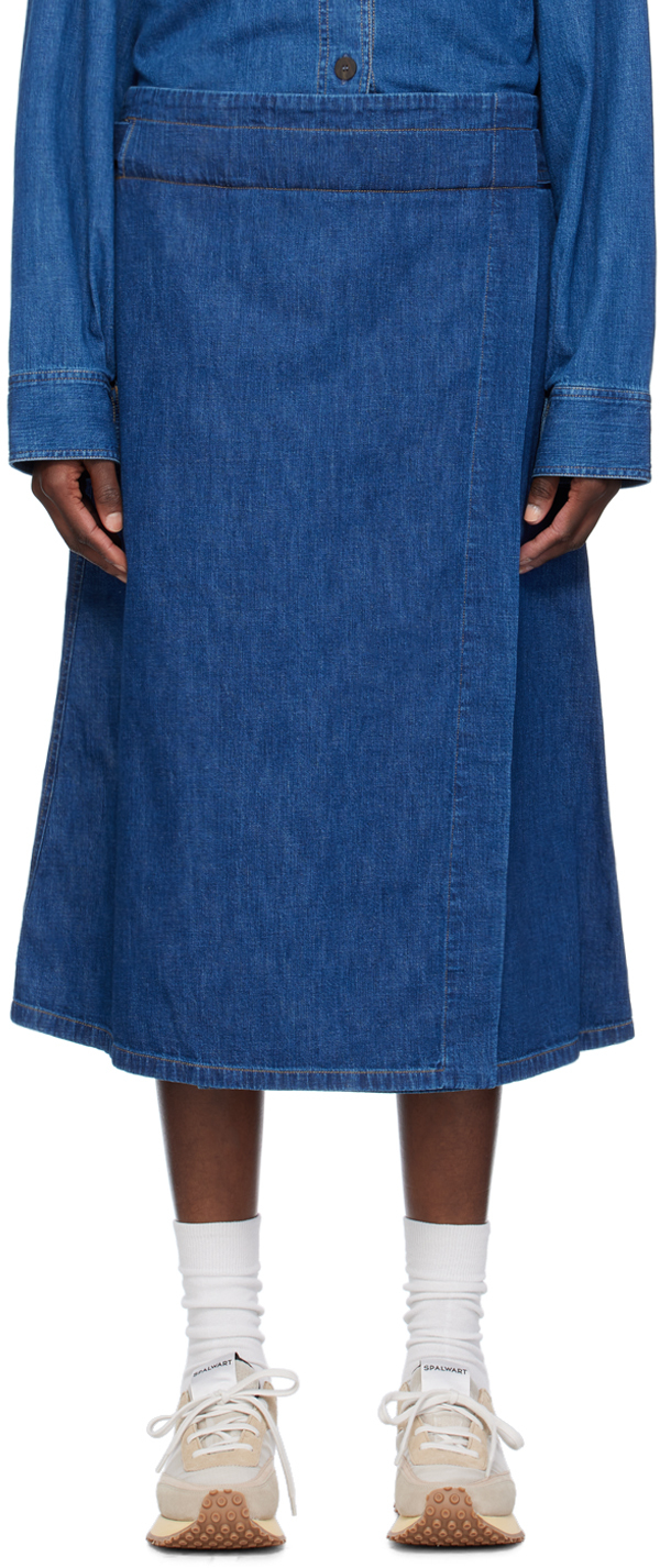 цена Джинсовая юбка-миди цвета индиго с запахом Studio Nicholson