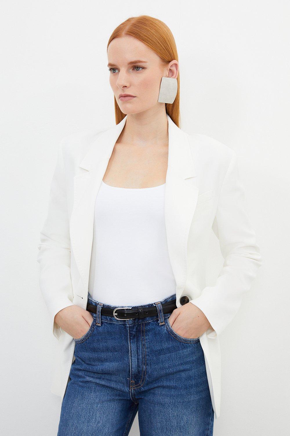 Однобортный пиджак из полированной вискозы строгого кроя Karen Millen, белый