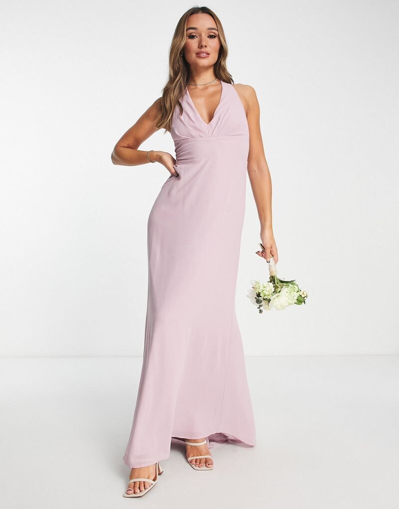 

Розовое платье макси с бретельками на шее TFNC Bridesmaid