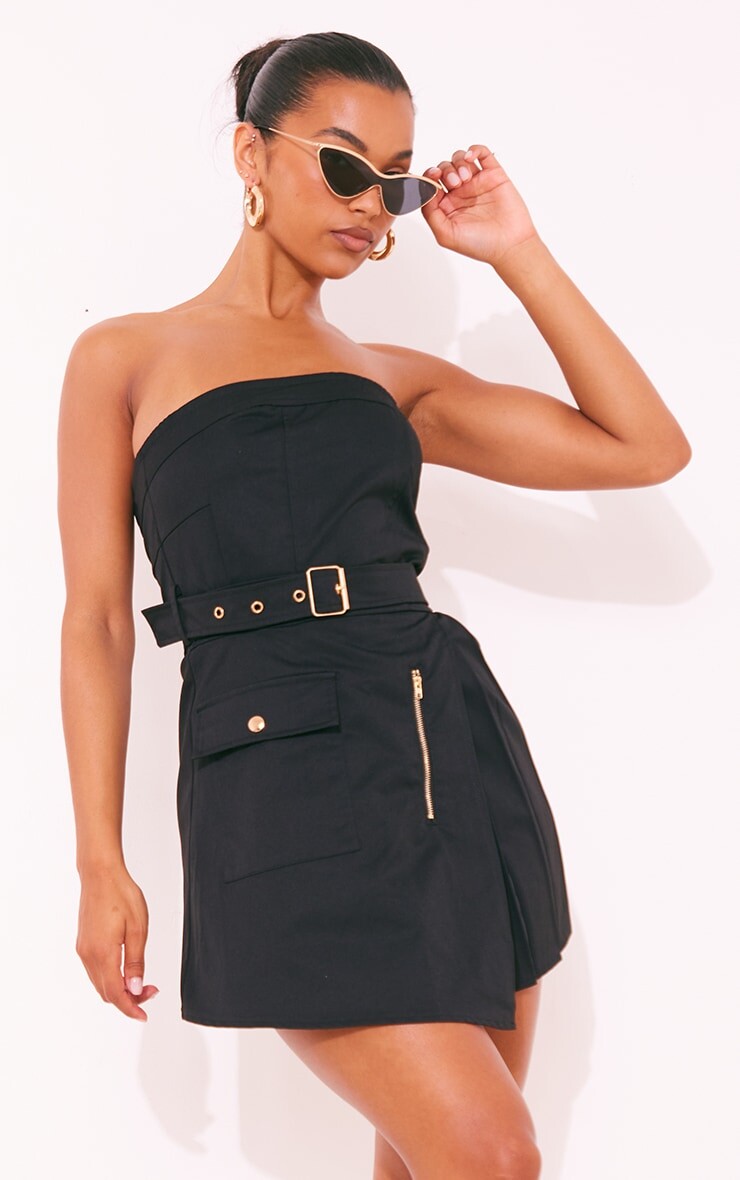 

PrettyLittleThing Черное плиссированное облегающее платье с поясом и запахом-карго, Черный