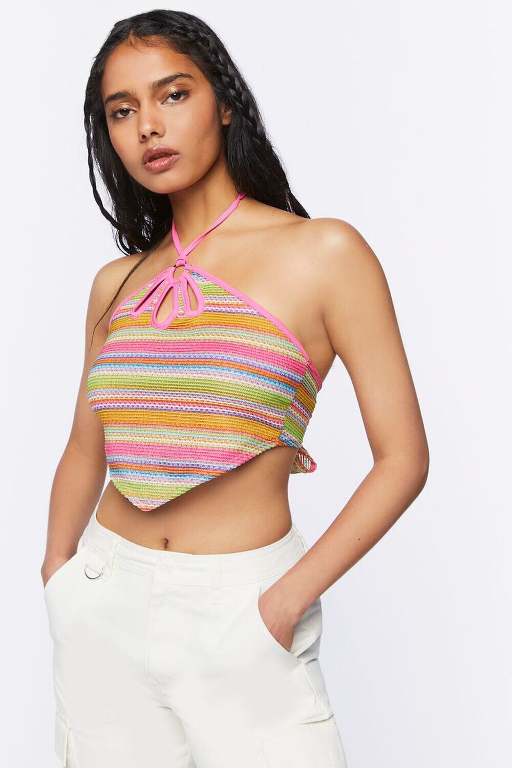 

Полосатый укороченный топ с бретелькой на шее Forever 21, розовый
