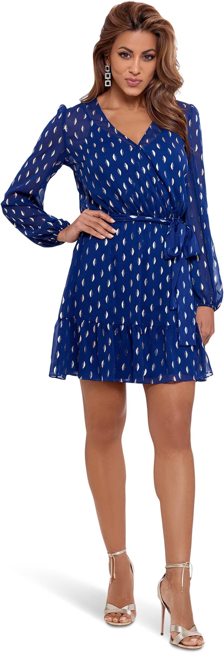 

Платье Short Long Sleeve Chiffon Clip Dot w/ Tie Belt Betsy & Adam, цвет Light Navy/Gold