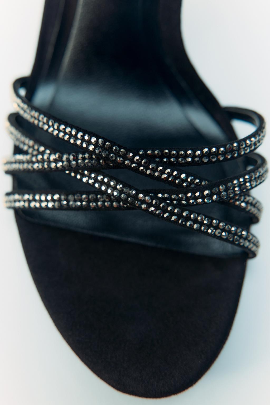Кожаные сандалии на высоком каблуке diamanté ZARA, черный цена и фото