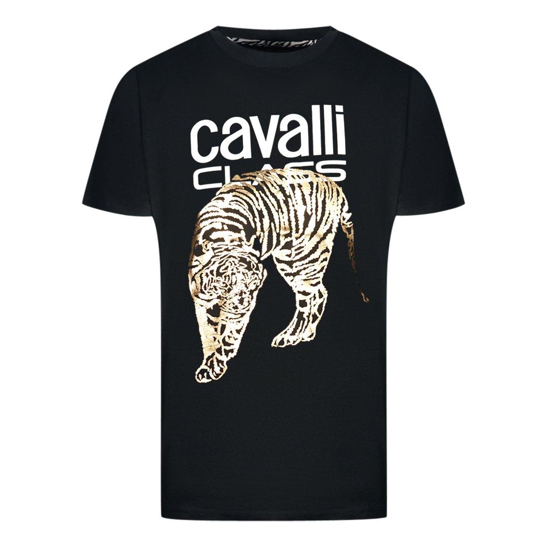 Черная футболка с большим золотым тигром и трафаретным логотипом Cavalli Class, черный футболка твоё классическая черная 44 размер
