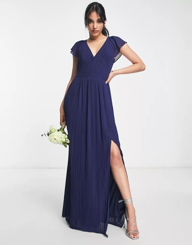 Темно-синее плиссированное платье макси TFNC Bridesmaid