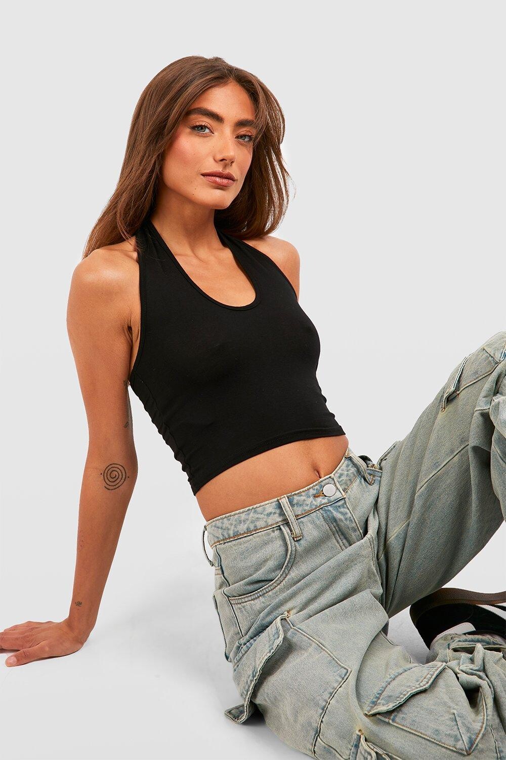 

Укороченный джерси с овальным вырезом и воротником-халтер boohoo, черный