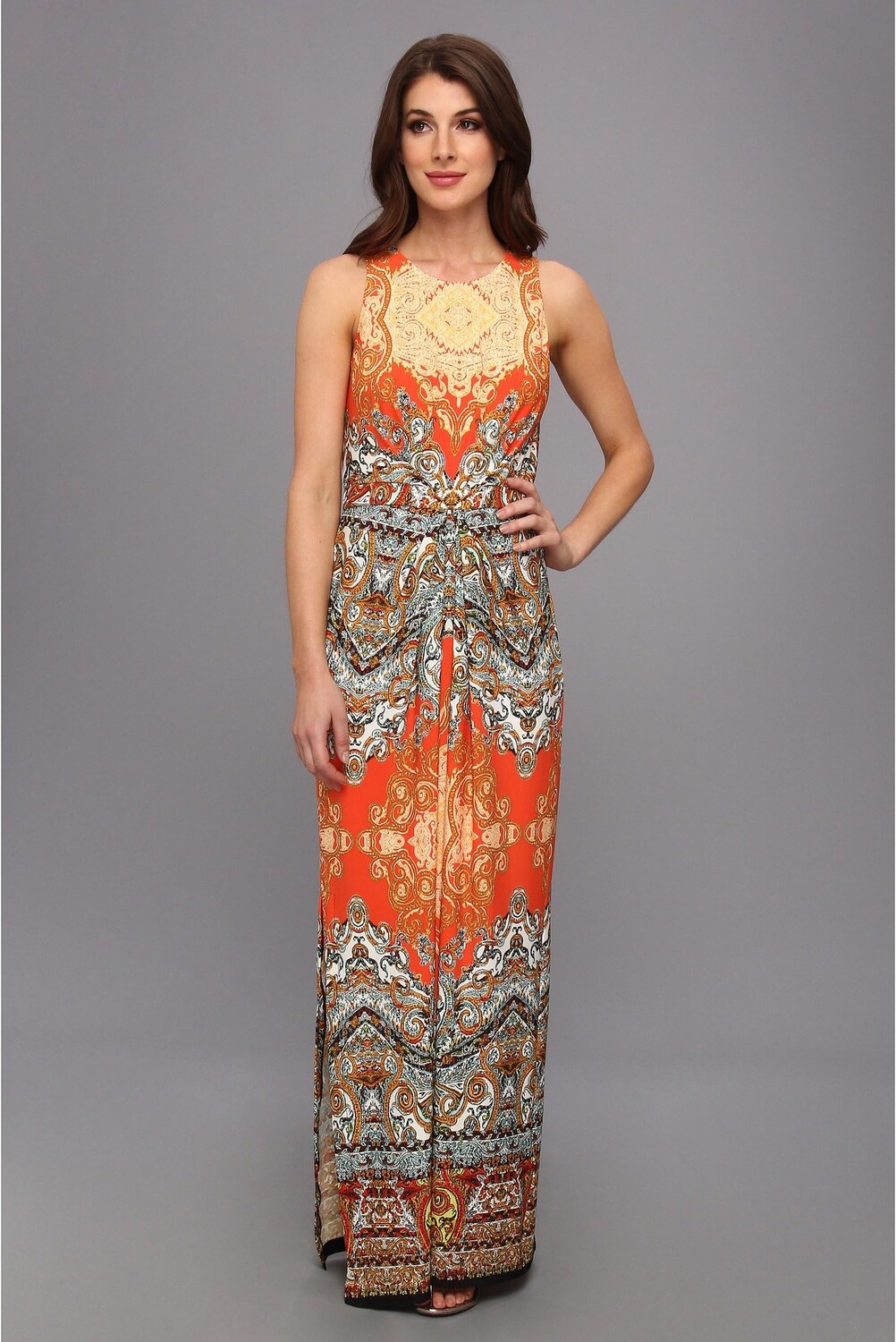 

Платье Donna Morgan Matte Jersey Sleeveless Maxi with Embroidery and Front Tucks, цвет Orange Multi