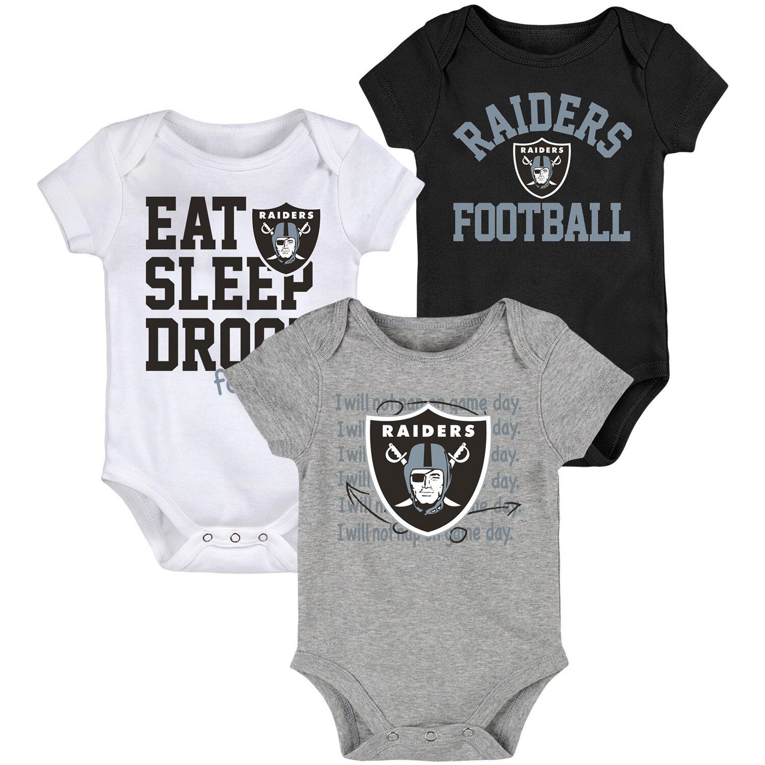 Черный/серый комплект боди для новорожденных и младенцев Oakland Raiders Eat, Sleep, Drool Football, состоящий из трех частей Outerstuff