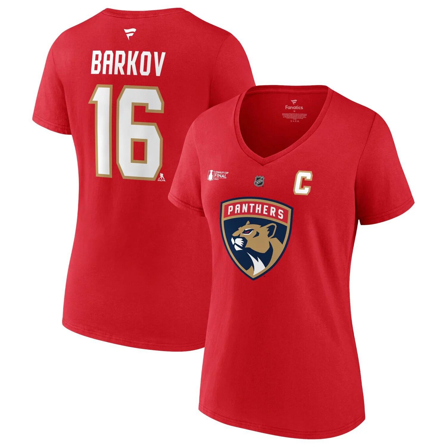 

Женская футболка Fanatics с логотипом Aleksander Barkov Red Florida Panthers, финал Кубка Стэнли 2023, аутентичная футболка с именем и номером с v-образным вырезом Fanatics