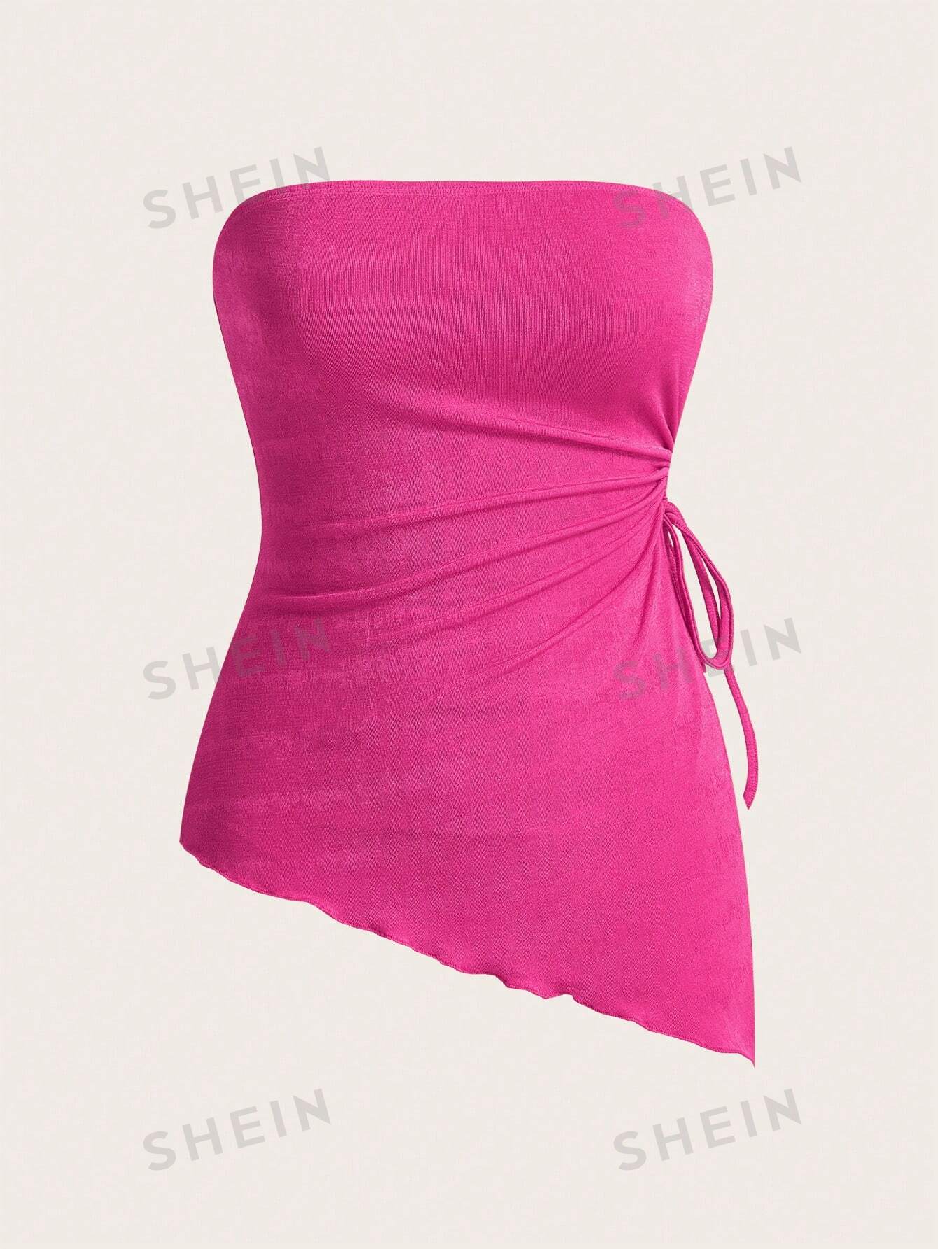shein mod вязаный женский асимметричный топ бандо с завязками по бокам и неровным подолом розовый SHEIN MOD Вязаный женский асимметричный топ-бандо с завязками по бокам и неровным подолом, ярко-розовый