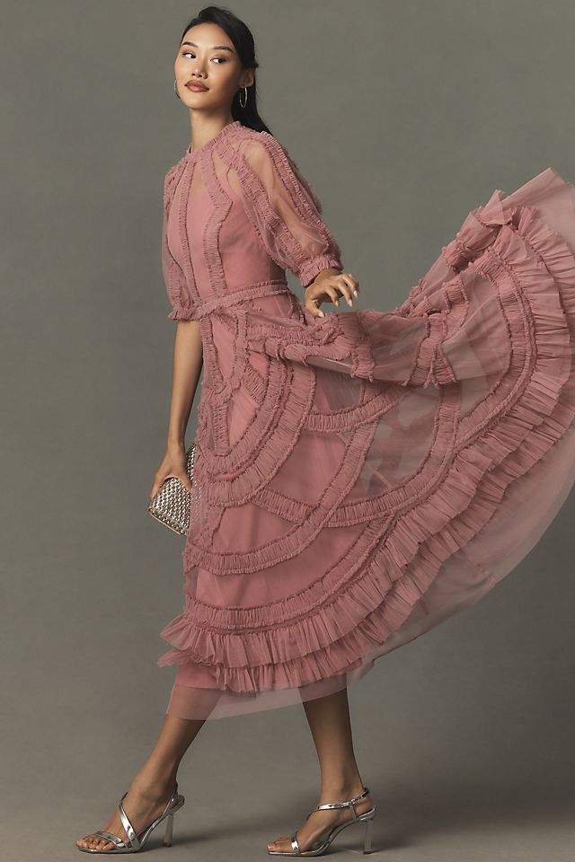 Платье Mac Duggal А-силуэта с высоким воротником и рюшами, светло-розовый