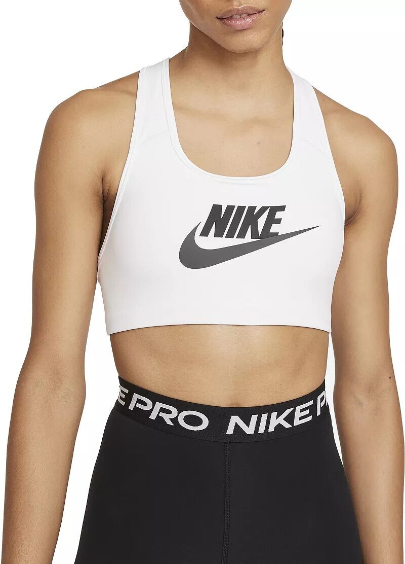 

Женский спортивный бюстгальтер с графикой средней поддержки Nike Swoosh, белый