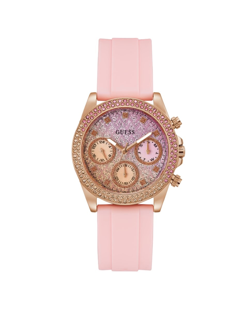 Сверкающие розовые женские часы GW0032L4 из силикона и розовым ремешком Guess, розовый