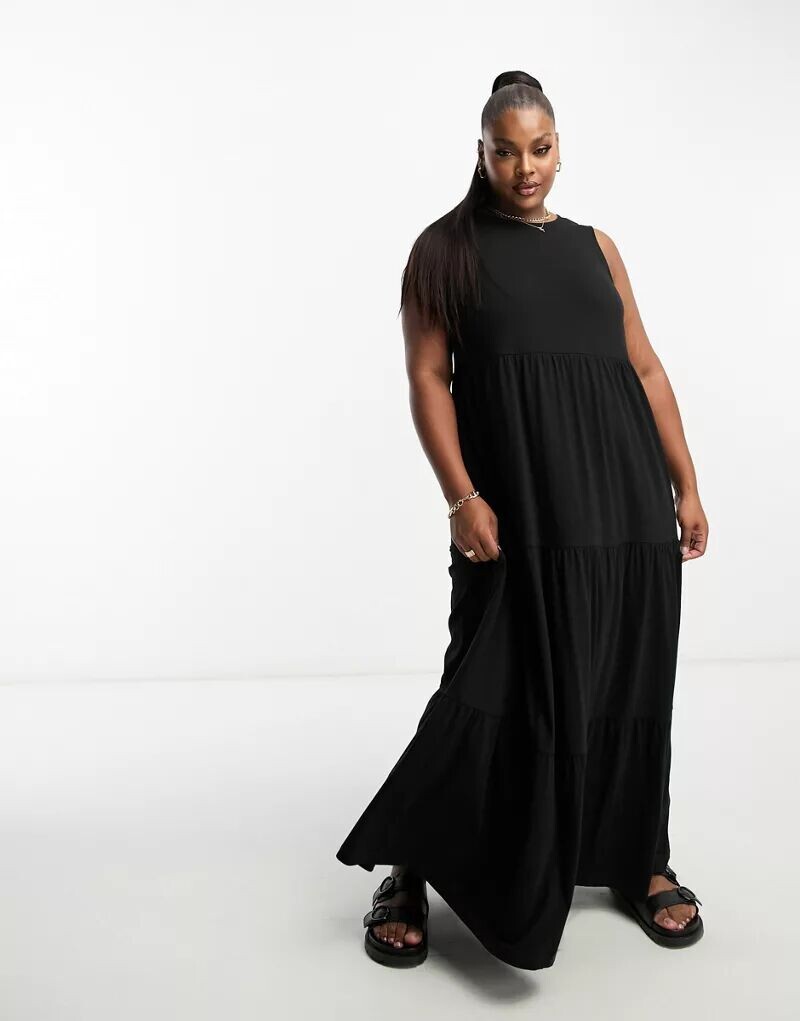 

Черное ярусное платье макси без рукавов ASOS DESIGN Curve