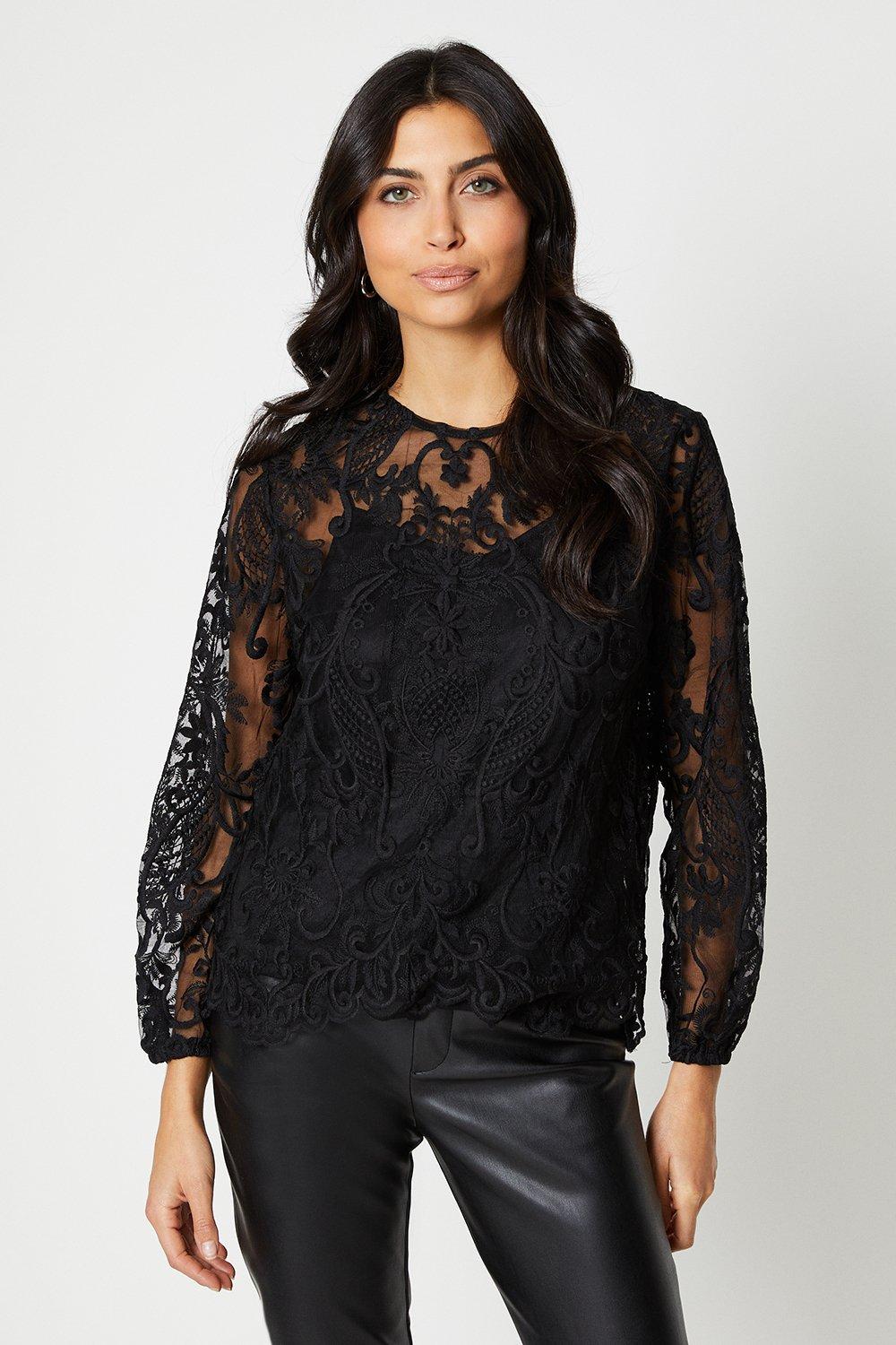 Кружевная блузка с высоким воротником Wallis, черный черная кружевная блузка и юбка