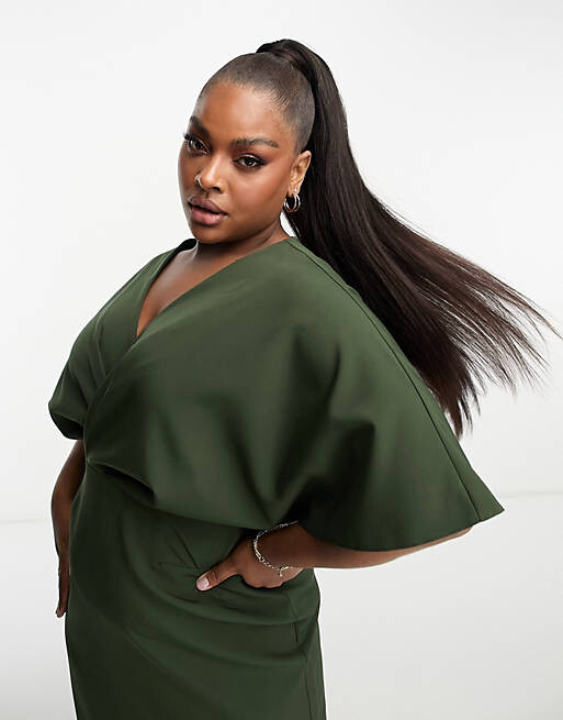 

Плиссированное платье миди цвета хаки со складками ASOS DESIGN Curve