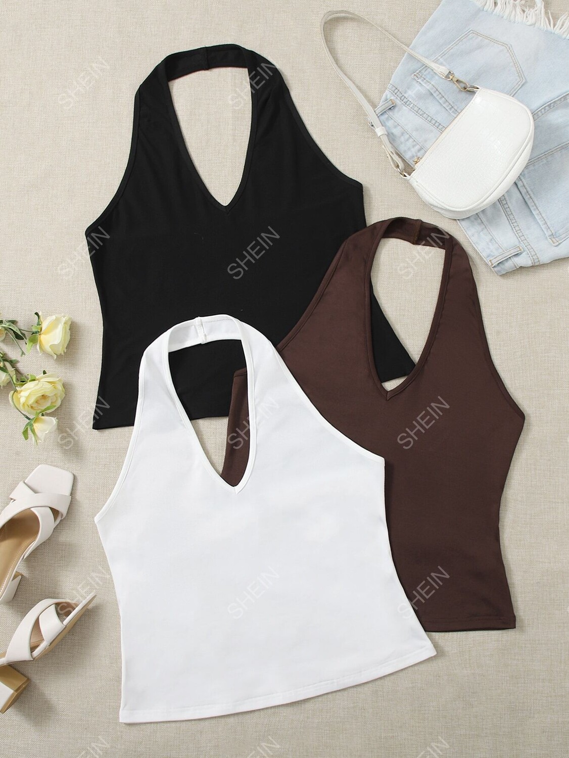 

EZwear Топ, большие размеры, однотонный, с воротником-хомутом, 3 шт Shein, мультиколор