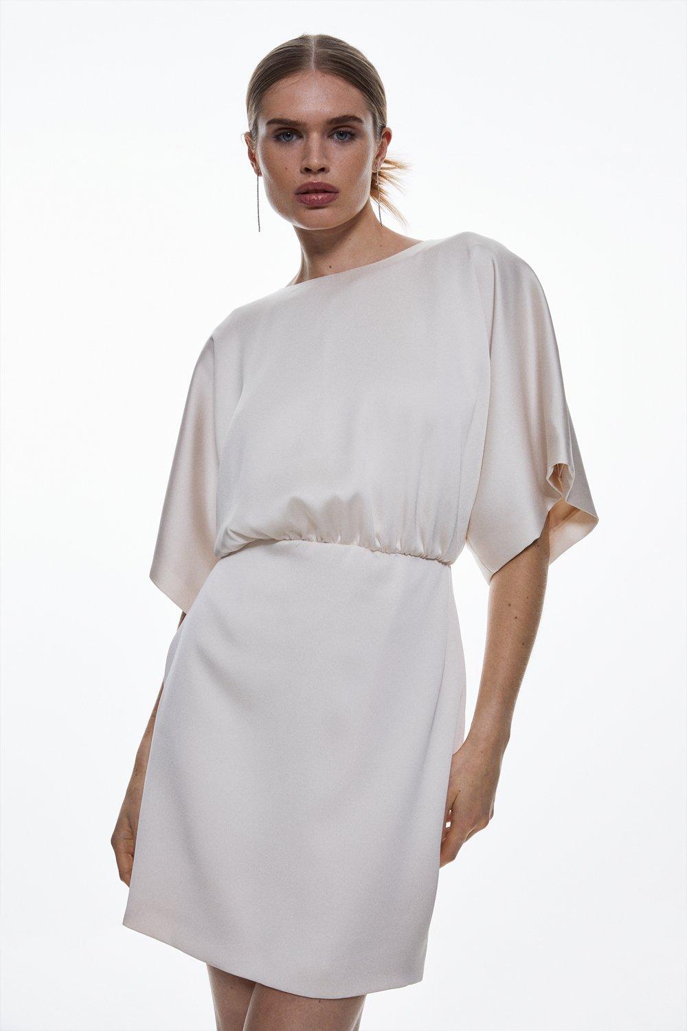 Мини-платье из крепа с атласной спинкой и рукавами ангела Karen Millen, белый платье из плотного шёлка с драпировкой на лифе 44 46