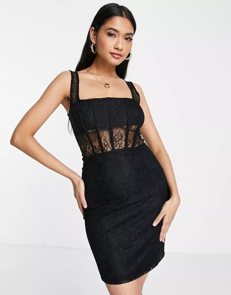 

Черное мини-платье Topshop с корсетом и кружевными вставками