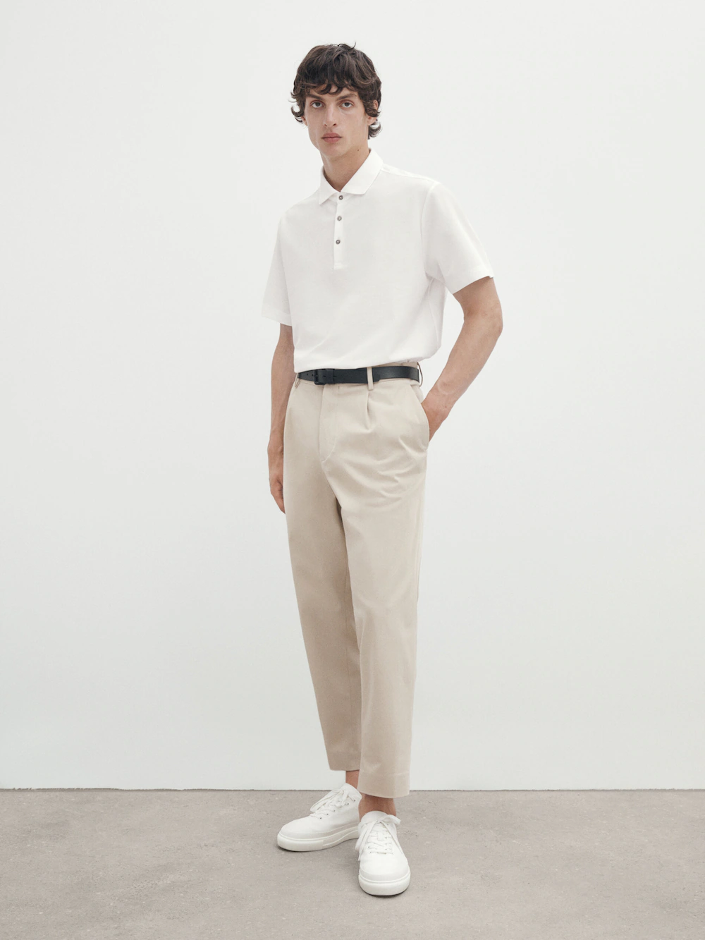 

Рубашка поло из хлопка из микро-саржи с коротким рукавом Massimo Dutti, кремовый
