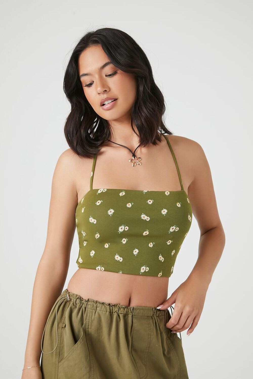 

Укороченная майка с цветочным принтом Forever 21, зеленый