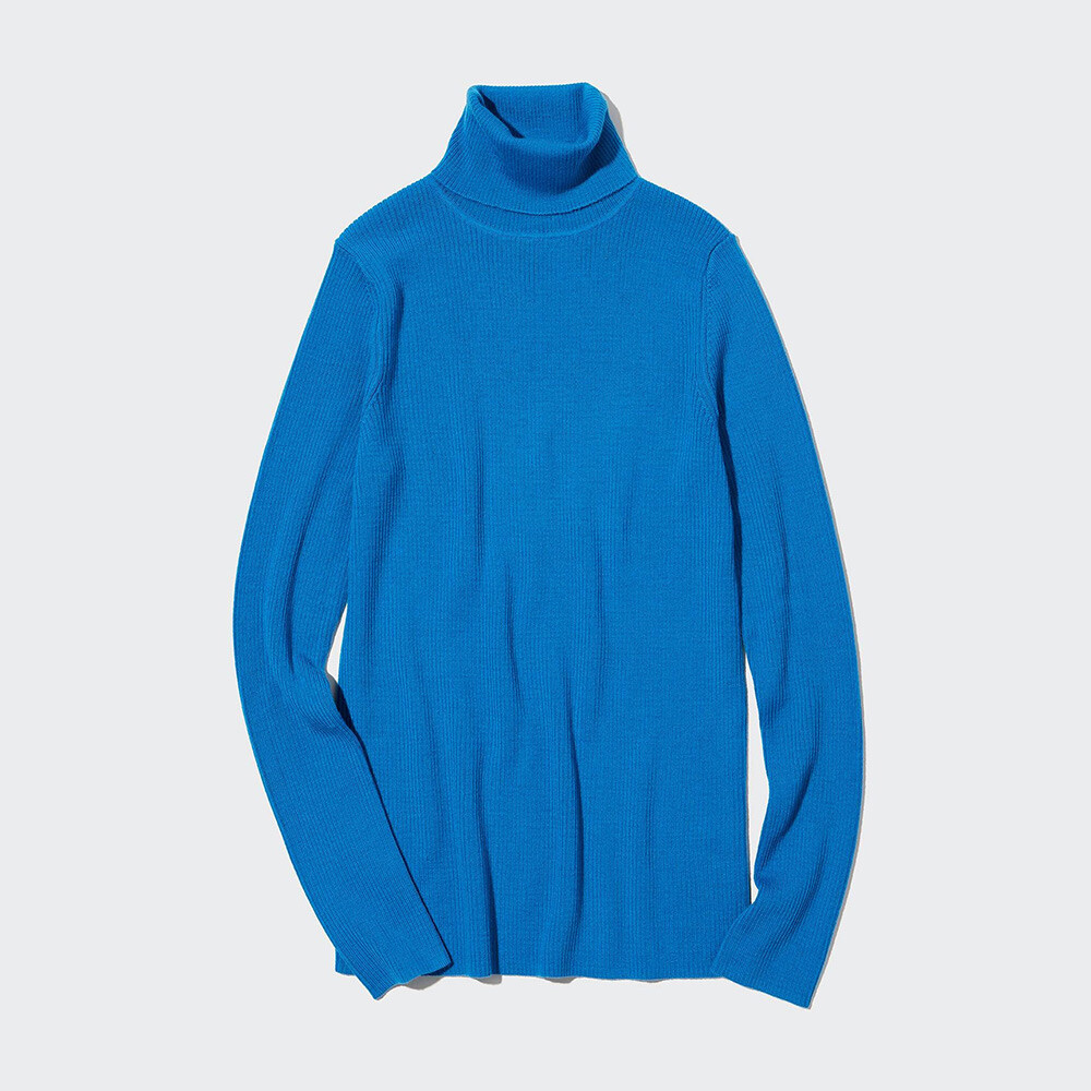 

Свитер Uniqlo камвольный в рубчик из мериносовой ткани с двумя лацканами, синий
