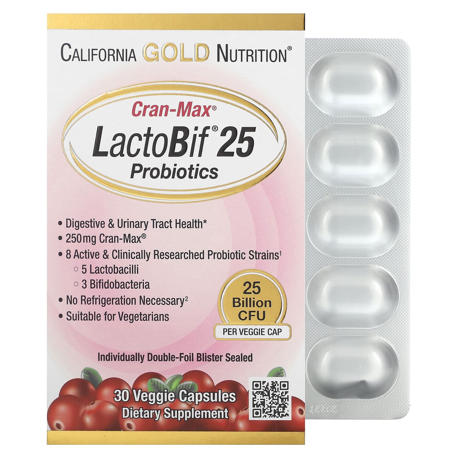 

Lactobif, Cran-Max, пробиотики, 25 млрд КОЕ, 30 растительных капсул, California Gold Nutrition
