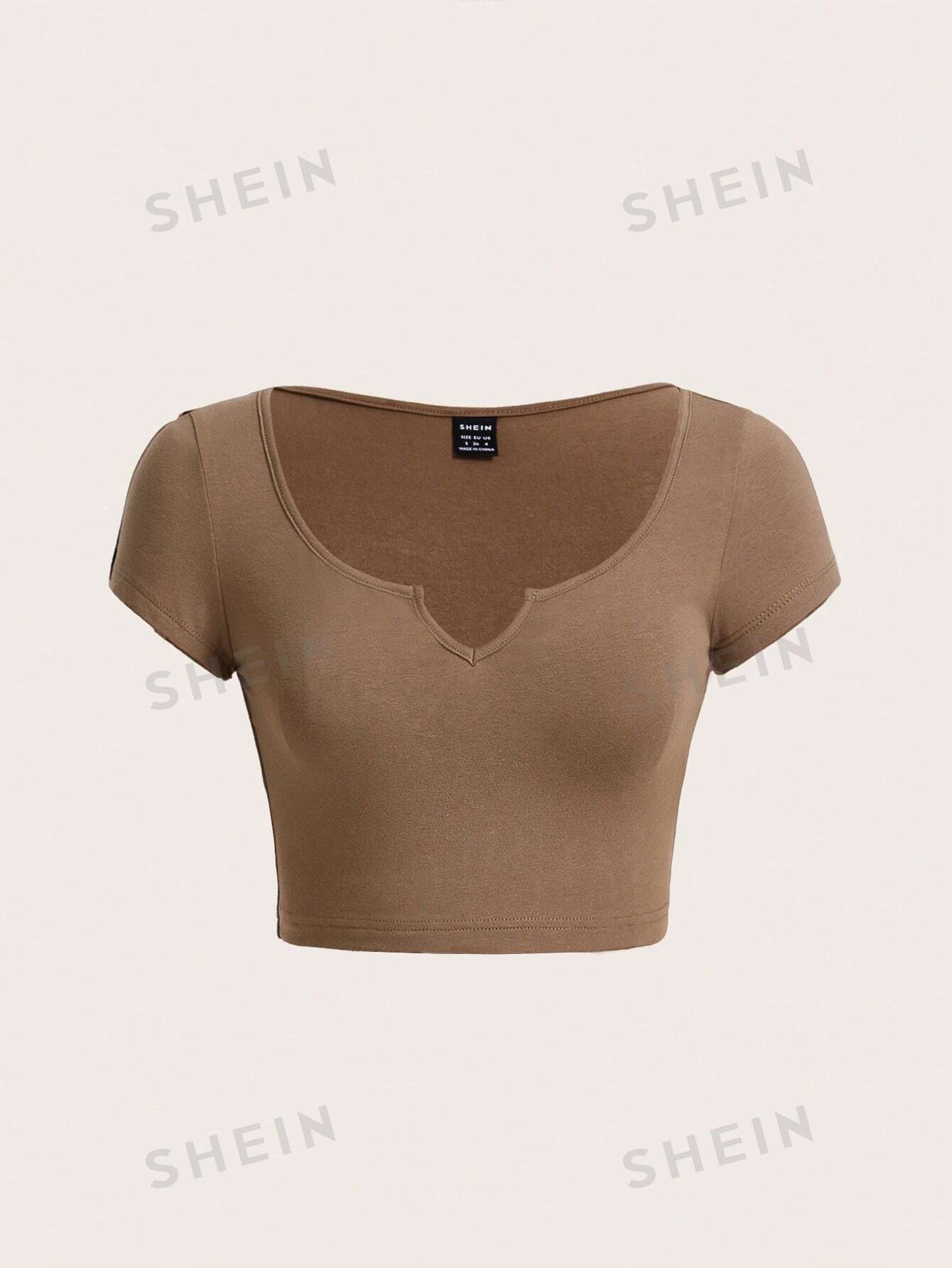цена SHEIN BASICS Женская однотонная короткая укороченная футболка с вырезом, кофейный коричневый