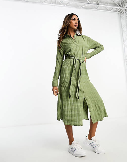 

Текстурное платье-рубашка макси с поясом Miss Selfridge цвета хаки