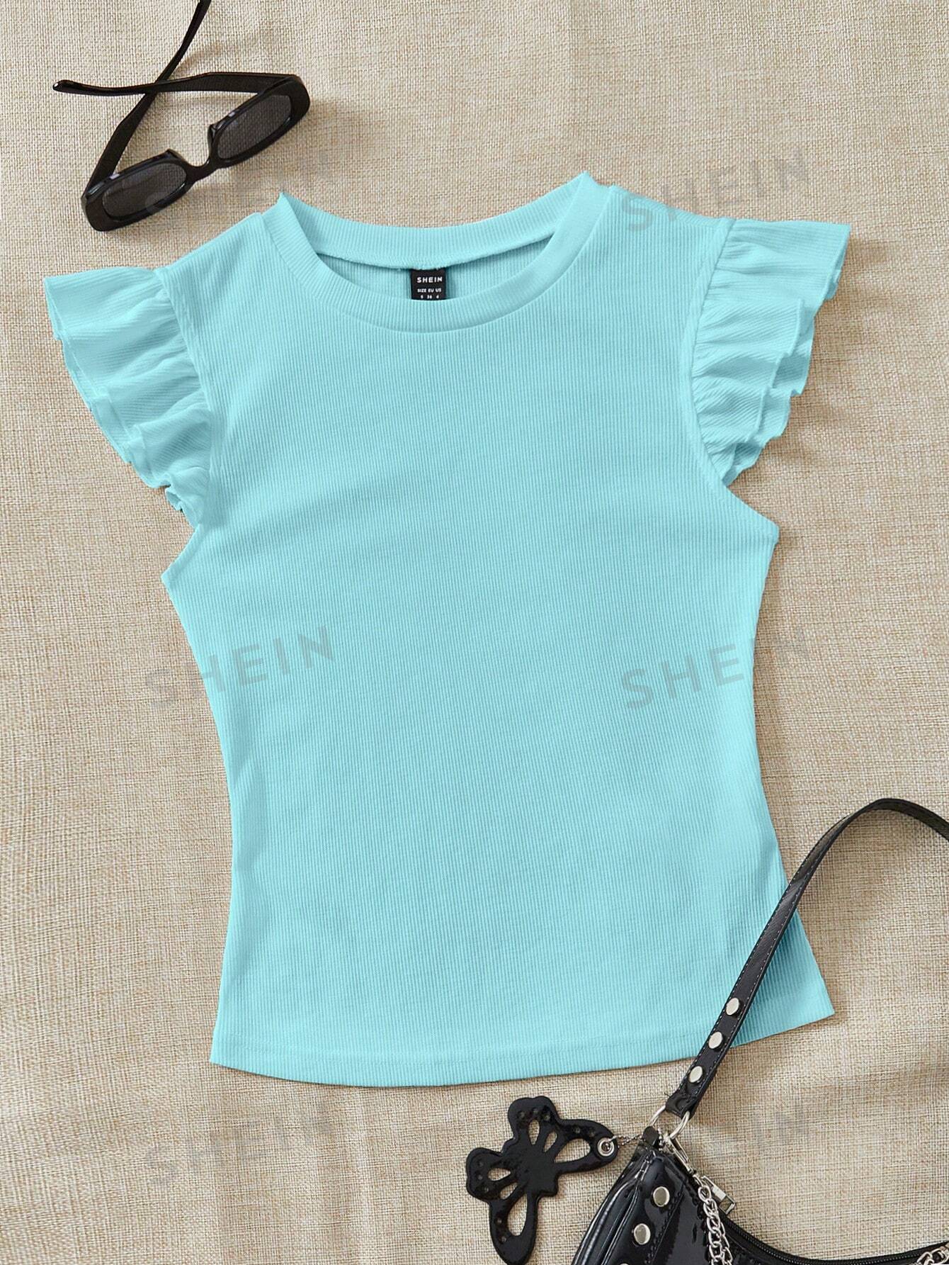 SHEIN WYWH трикотажная однотонная женская футболка с круглым вырезом и короткими рукавами, мятный синий