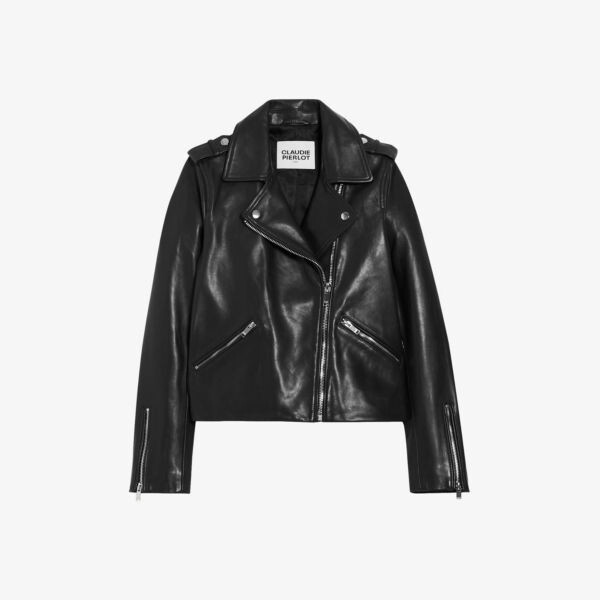 

Узкая кожаная байкерская куртка Cuzia с острым воротником Claudie Pierlot, цвет noir / gris